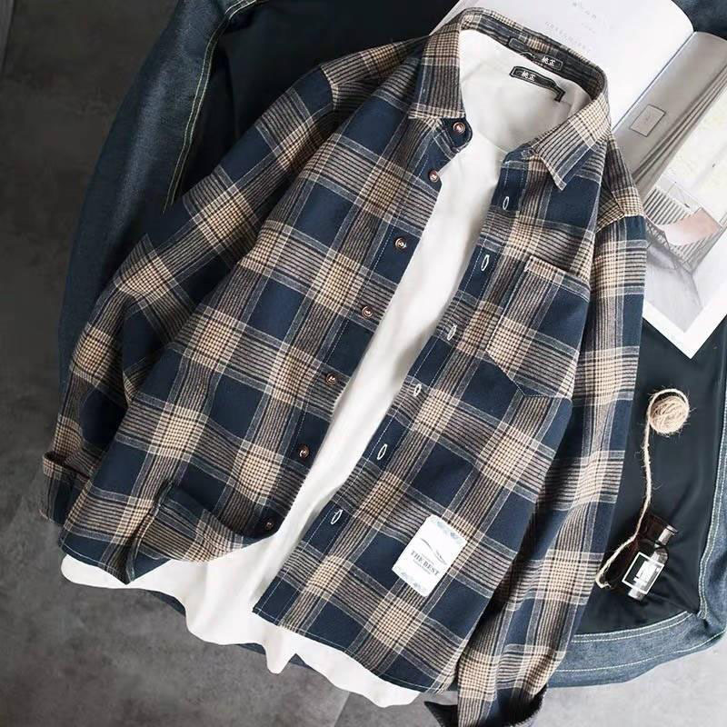 Colorful plaid couple plaid shirt jacket long sleeved inch shirt for teenagers Korean casual student handsome mens shirt