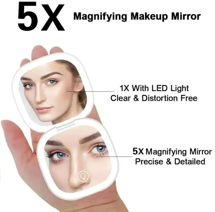 2 Face Sides Led 3 Colors Touch Compact Mini Foldable Cosmetic Charge Makeup Mirror With Light 5X Magnifying Small Pocket Travel 250103