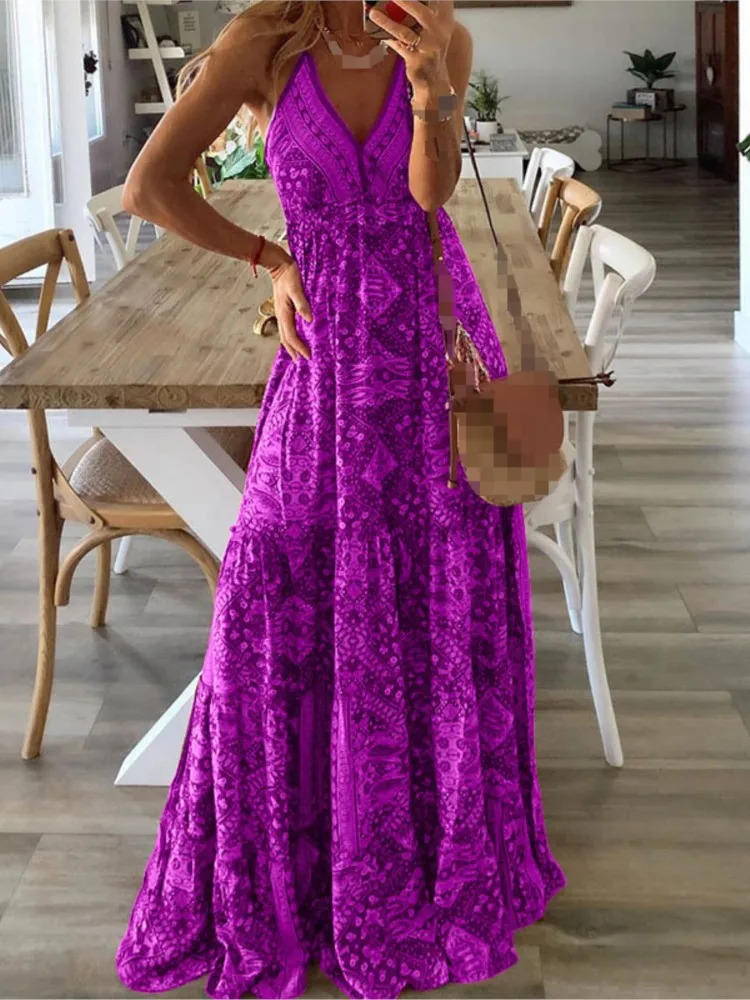 Summer womens spaghetti shoulder strap bohemian long dress elegant V-neck party retro printed sleeveless sexy long dress 250103