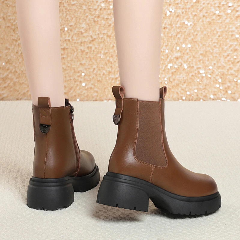 AIYUQI Snow Boots Women Genuine Leather Women Ankle Boots British Style Natural Wool Winter Warm Women Chelsea Boots