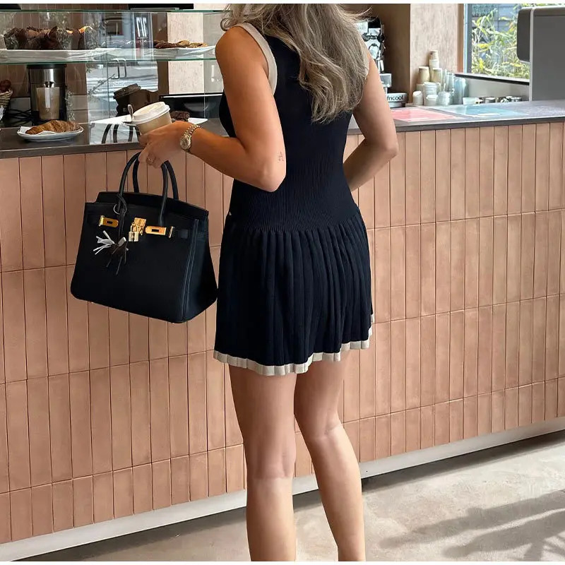 Women Fashion Contrast Pleated Knitted Mini Dress Chic Half High Collar Sleeveless Slim Dresses 2024 Female High Streetwear 250102