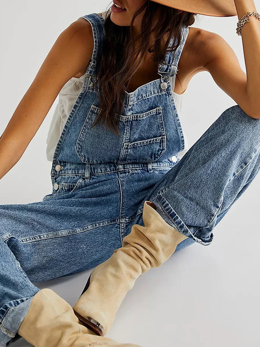 Women Casual Wide Leg Denim Jumpsuit Adjustable Strap Suspender Overalls 1 Piece Baggy Jean Outfits with Pocket 241230