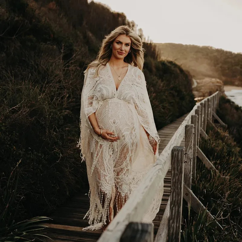 Boho Lace Maternity Pography Props Dresses Free Size Adjustable Pregnancy Po Shoot Bohemian Long Dress Sides Slit 250103