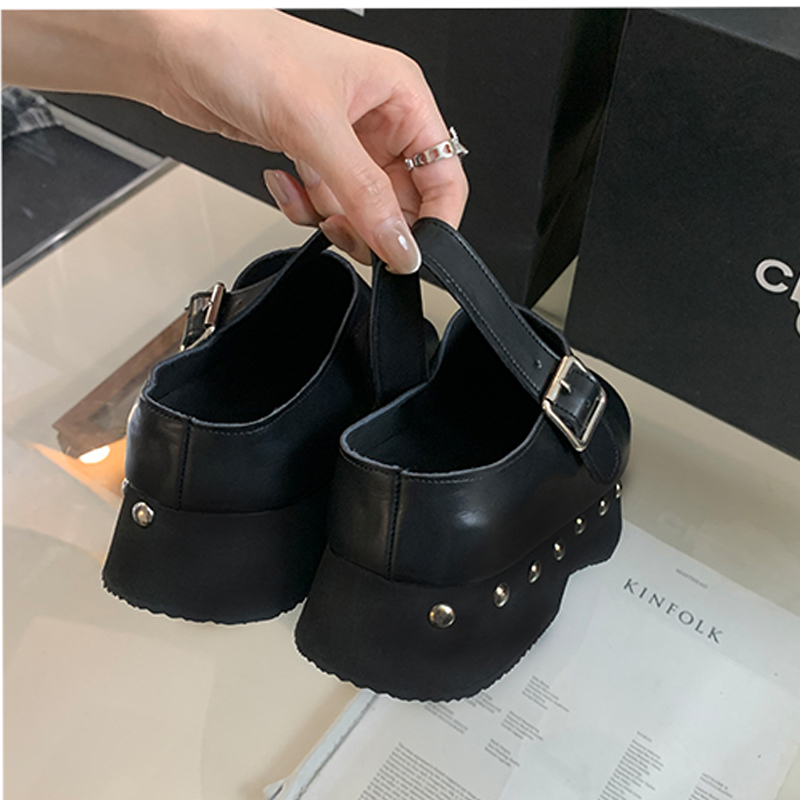 6.5Cm Black Chunky Heels Slippers Women Punk Rivet Platforms Sandals Summer Round Toe Sgback Casual Shoes Chaussure Femme