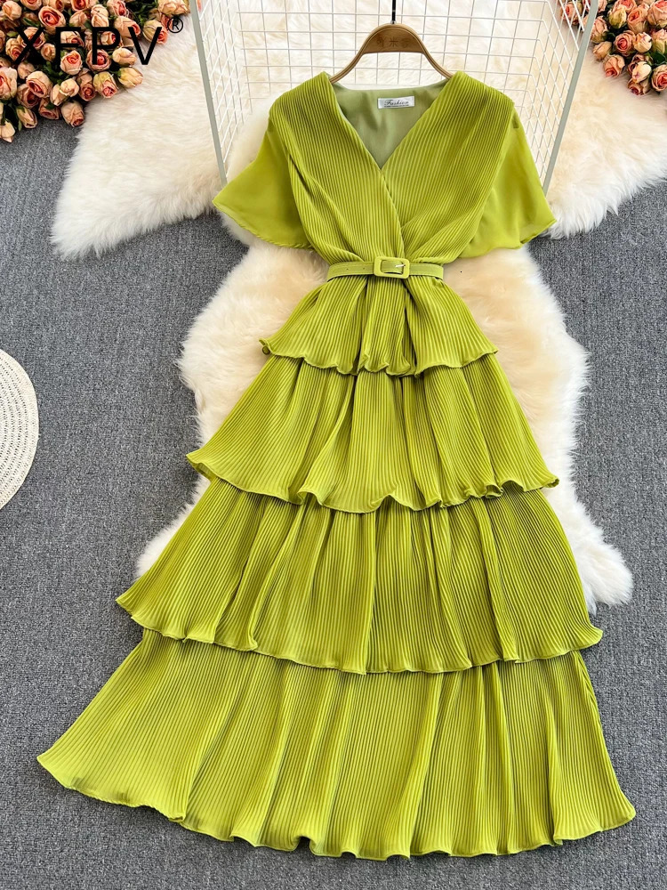 XFPV Women Vacation Pleated Belt Loose Dress Vestidos RobeV- Neck Short Sleeve Arrivals Fashion Temperament Summer 2025 SM3507 250103