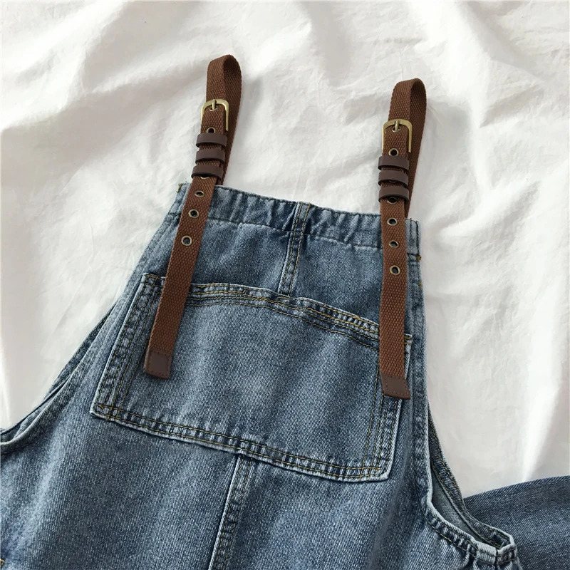 Women Denim Jumpsuits Vintage Blue Adjustable Straps Loose Straight Overalls Spring Autumn Female Casual Jeans 241230