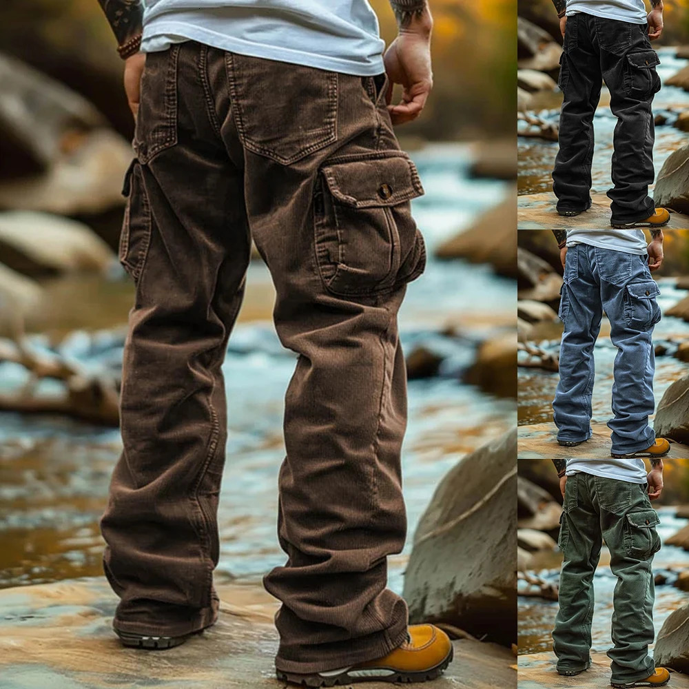 Trendy Corduroy Mens Cargo Pants Multi-pocket Vintage American Style Loose-fit Thick Warm Trousers Male Streetwear Casual Pants 250102