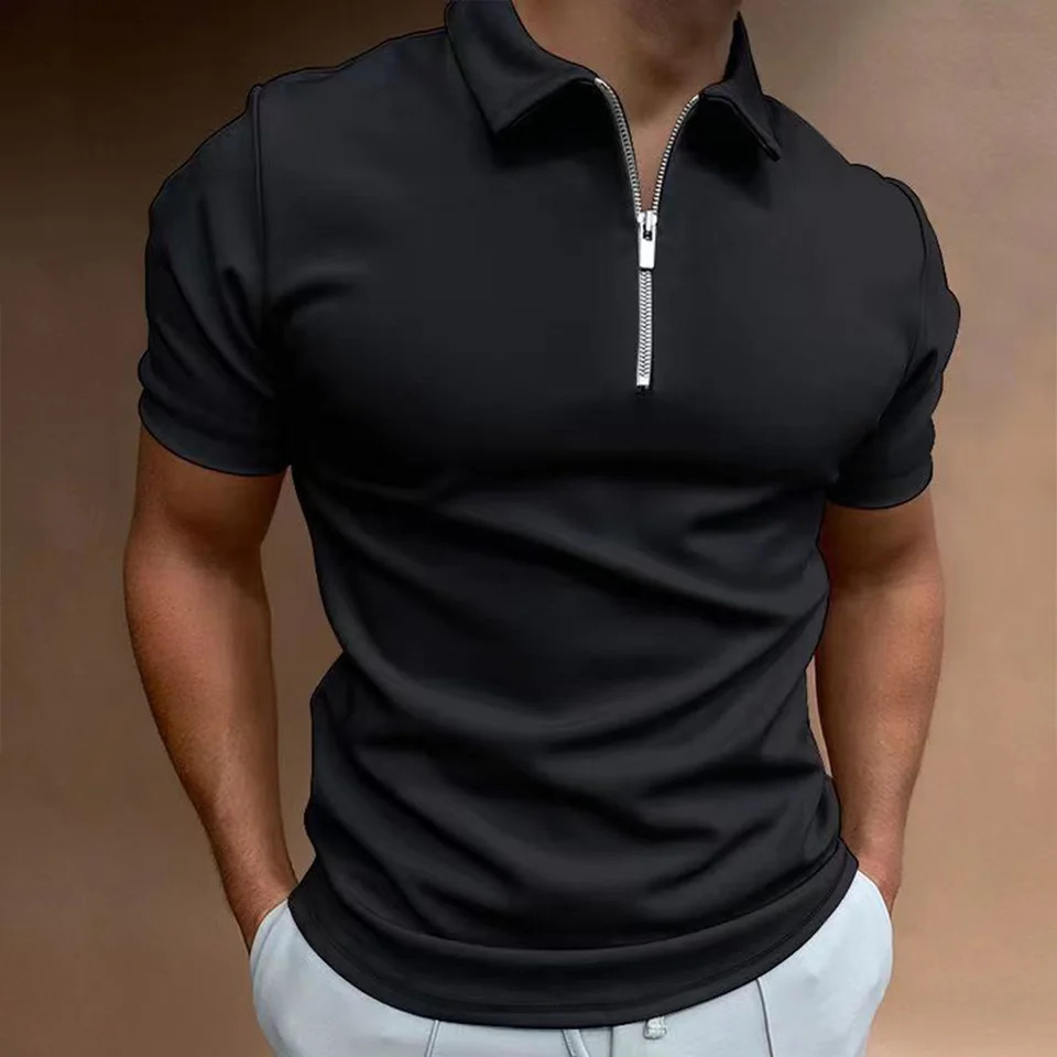 Mens solid color Polo shirt Short sleeve zip collar T-shirt Mens summer high quality street Harajuku clothing mens casual top 241223