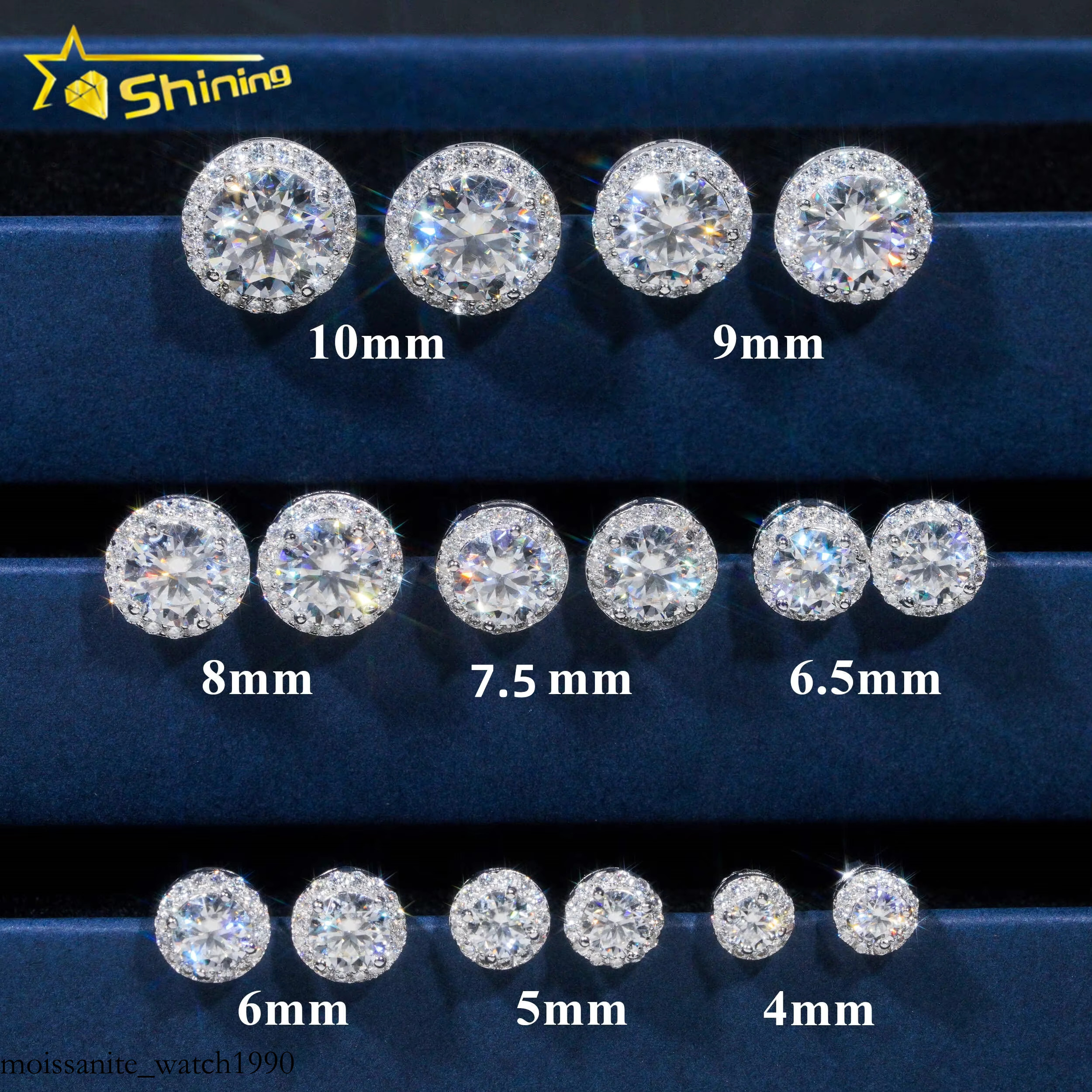 Hot Selg Hip Hop Style 6.5MM 8MM 9MM Sier Halo Design Moissanite Dia Stud Earrings