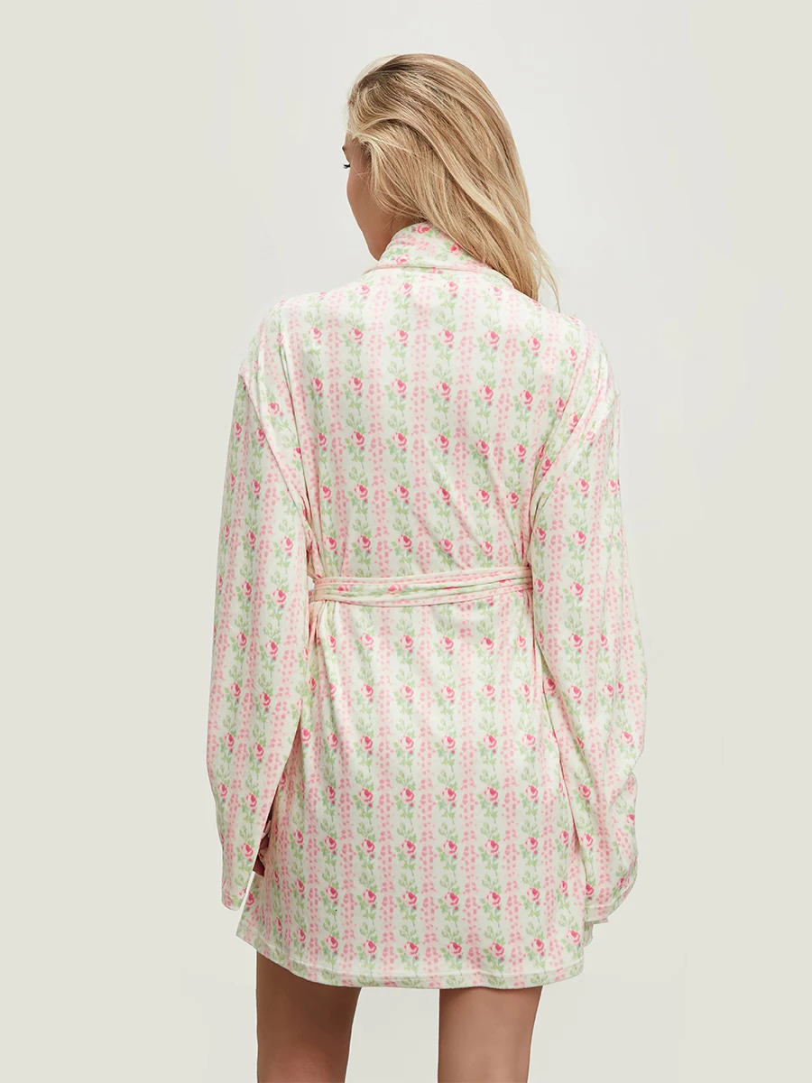Women Soft Cotton Long Robe Floral Fruit Print Flannel Shawl Collar Dressing Gown Bathrobe Warm Lounge Robe Pjs Sleepwear 250102