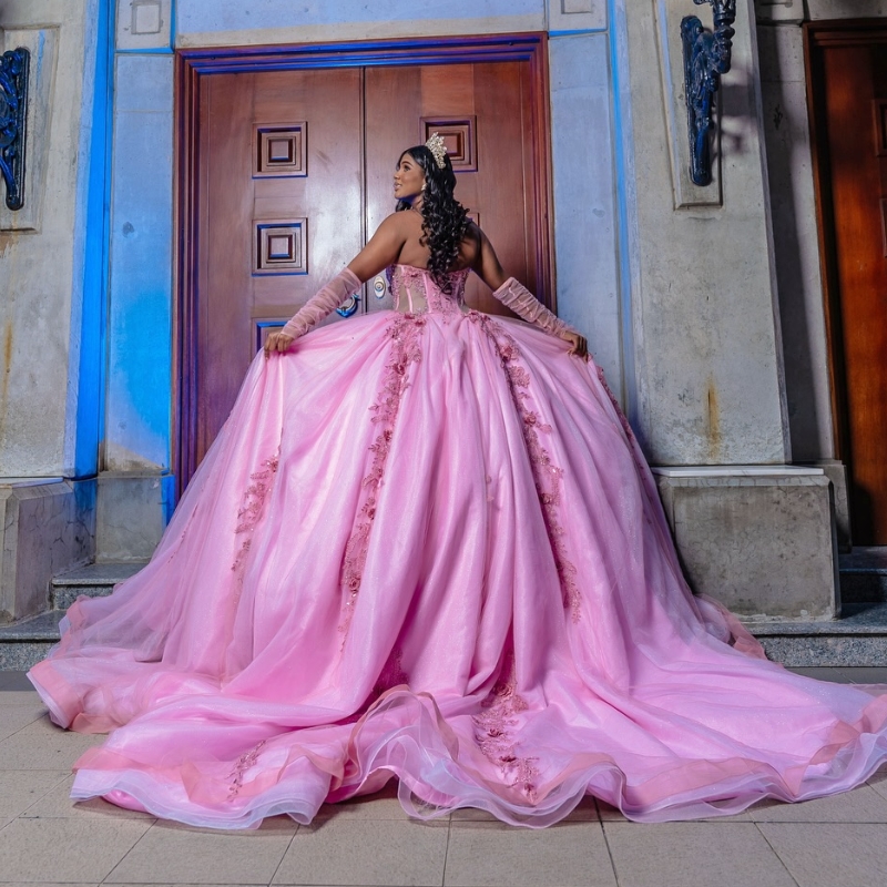 Pink Quinceanera Dresses Ball Gown Off The Shoulder Applique Lace Beads Tull Party Birthday Sweet 16 Vestido De 15 Anos