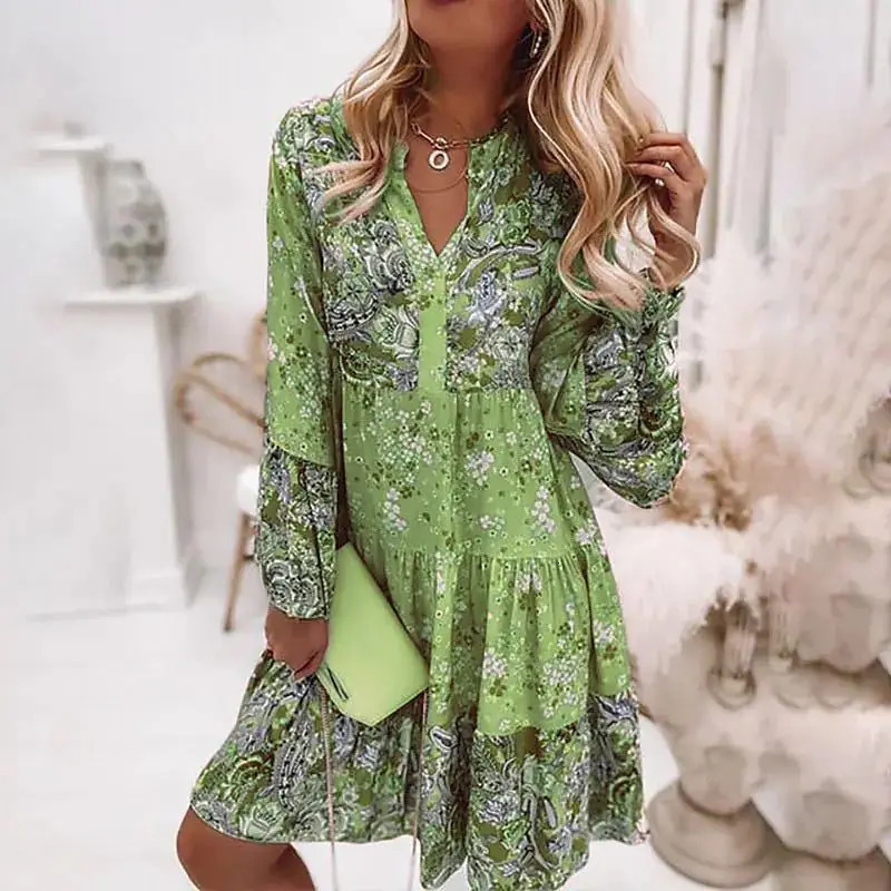 Casual floral print womens rotating summer bohemian V-neck loose A-line dress elegant beach party dress womens robe 250103
