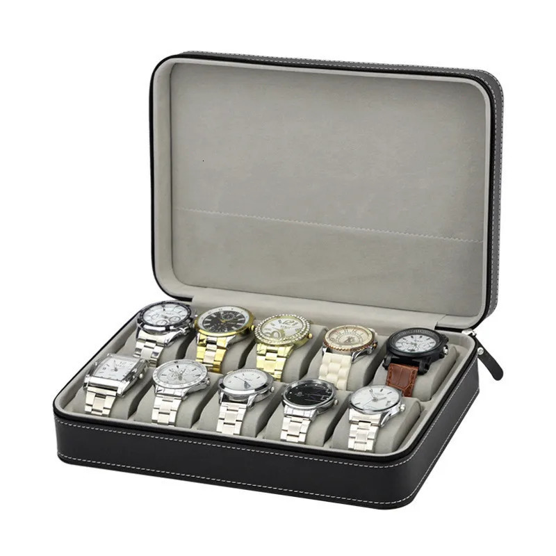 Fashion 10 Slot Black Watch Box 28 * 20 * 7.5CM Portable Leather Zipper Watch Display Box Watch Storage Organizer Stand 250102