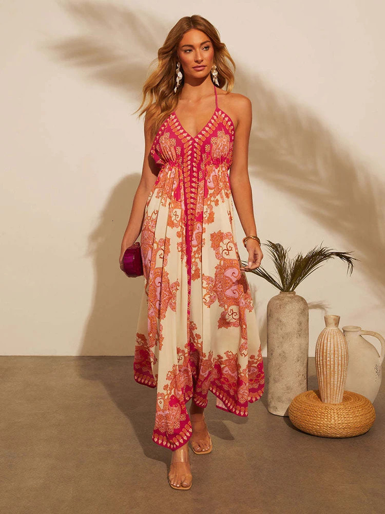 Womens summer V-neck camisole bohemian floral dress womens clothing red dress sexy womens clothing sun dress beach dress 250103