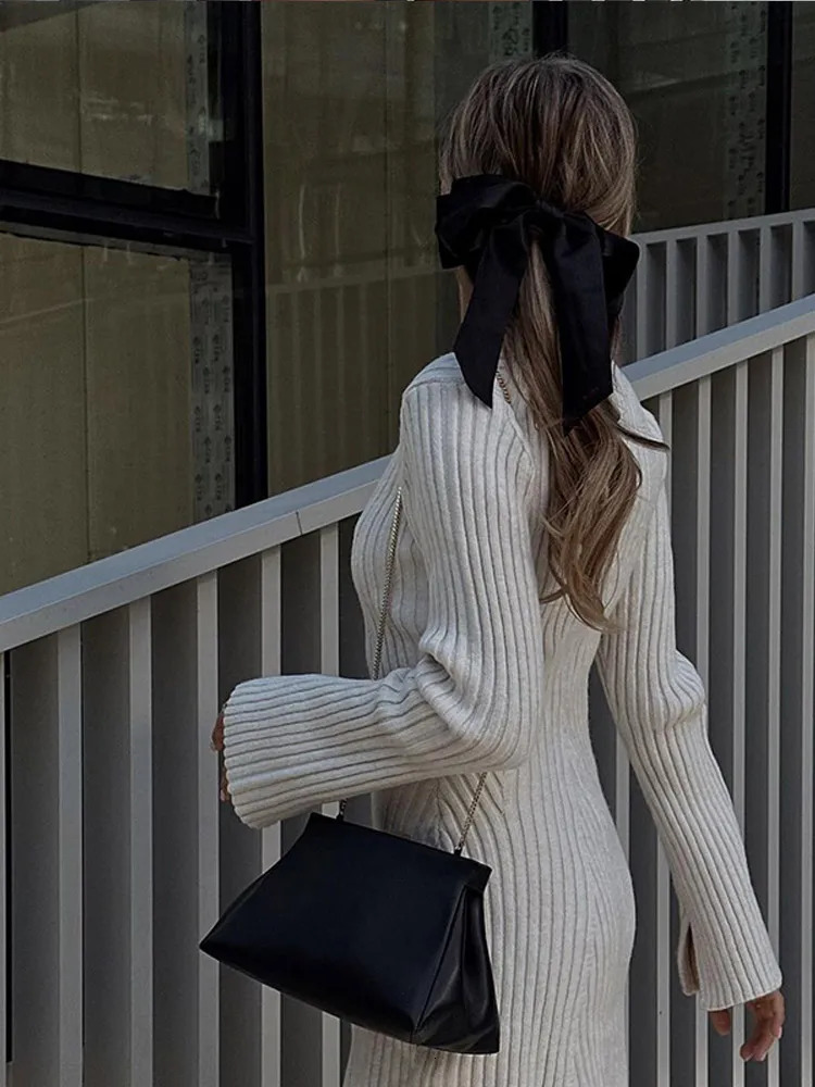 Women Solid Ribbed Pattern Knitted A-line Dress Women Fashion O-neck Flare Sleeve Mini Dresses Autumn Lady High Streetwear 250102
