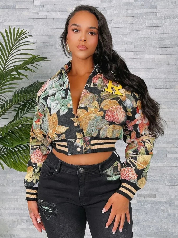Leosoxs Flower Print Coat Crop Tops Women Autumn Lapel Long Sleeve Button Baseball Jacket Winter Warm Outerwear Streetwear y2k 250103