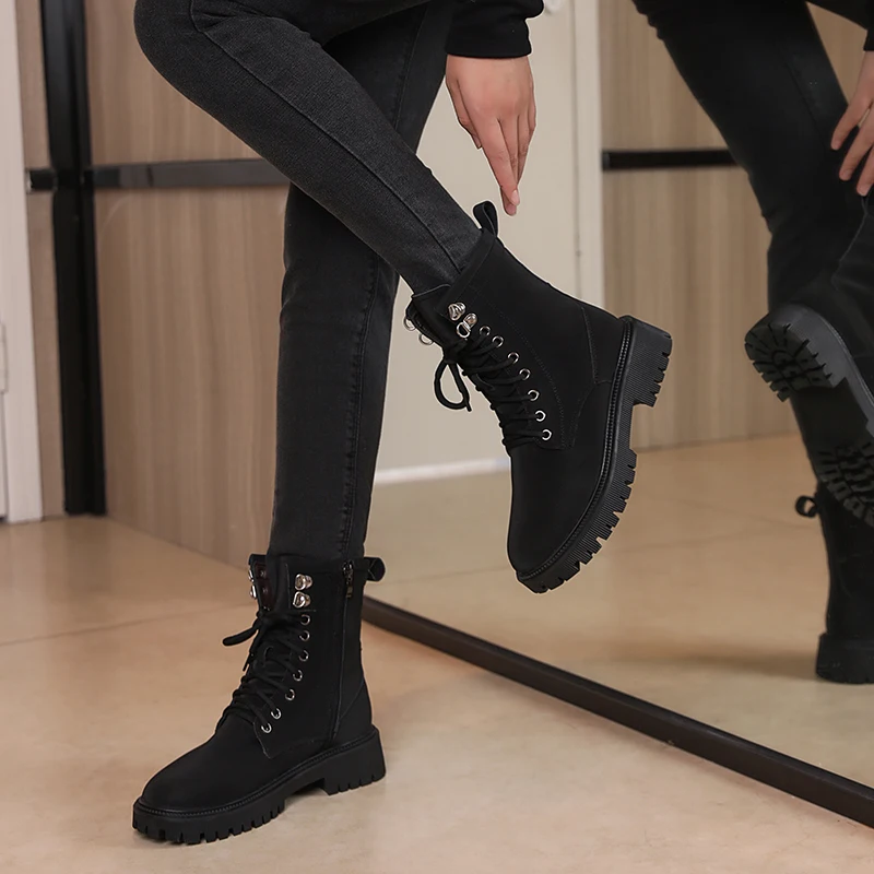 AIYUQI Women's Winter Boots Genuine Leather Women's Biker Boots Large Size Natural Wool Snow Boots Ladies