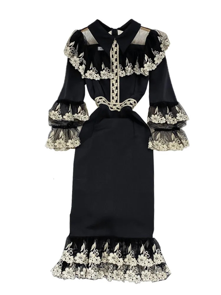 XFPV Elegant Fashionable Womens Contrast Embroidered Patchwork High Waist Fishtail Skirt 2025 Autumn Dress SN3863 250103