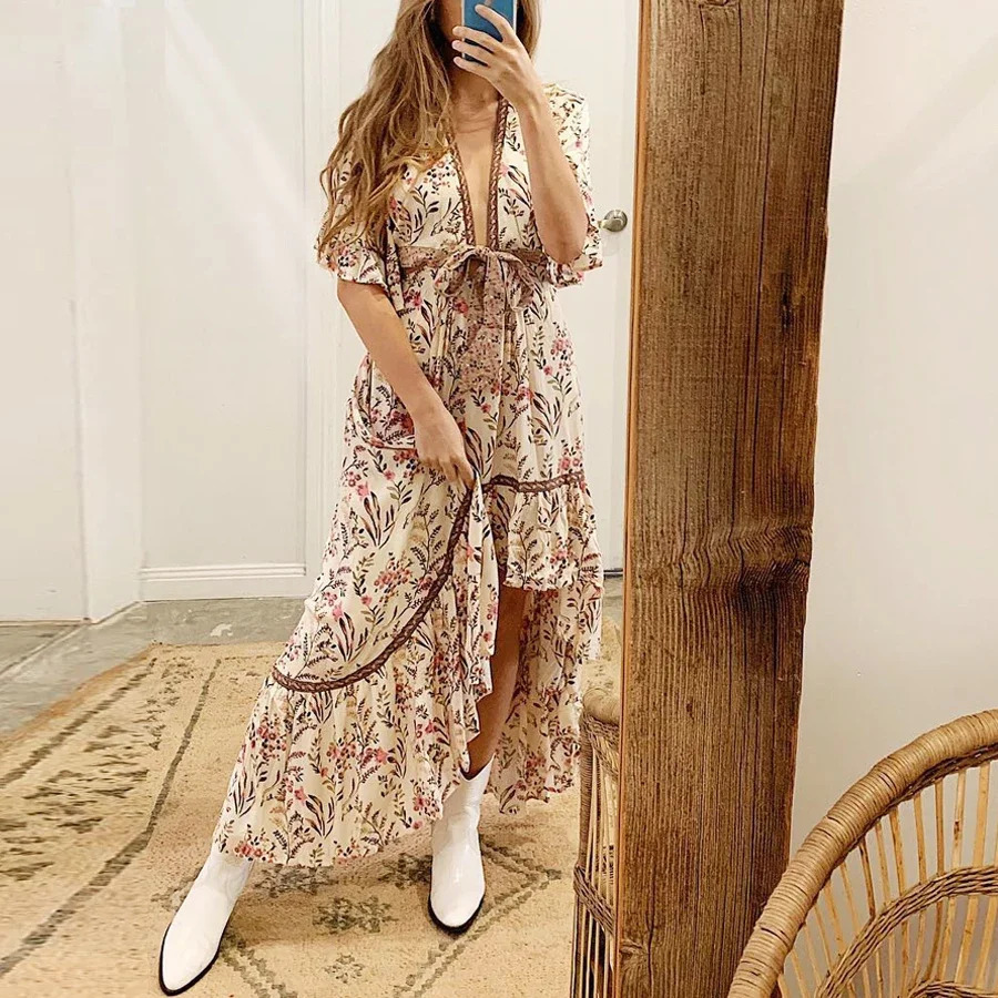 AYUALIN sexy irregular womens deep V-neck Bohemian dress with adjustable waistband floral print summer dress Gypsy dress Vestitos 250103