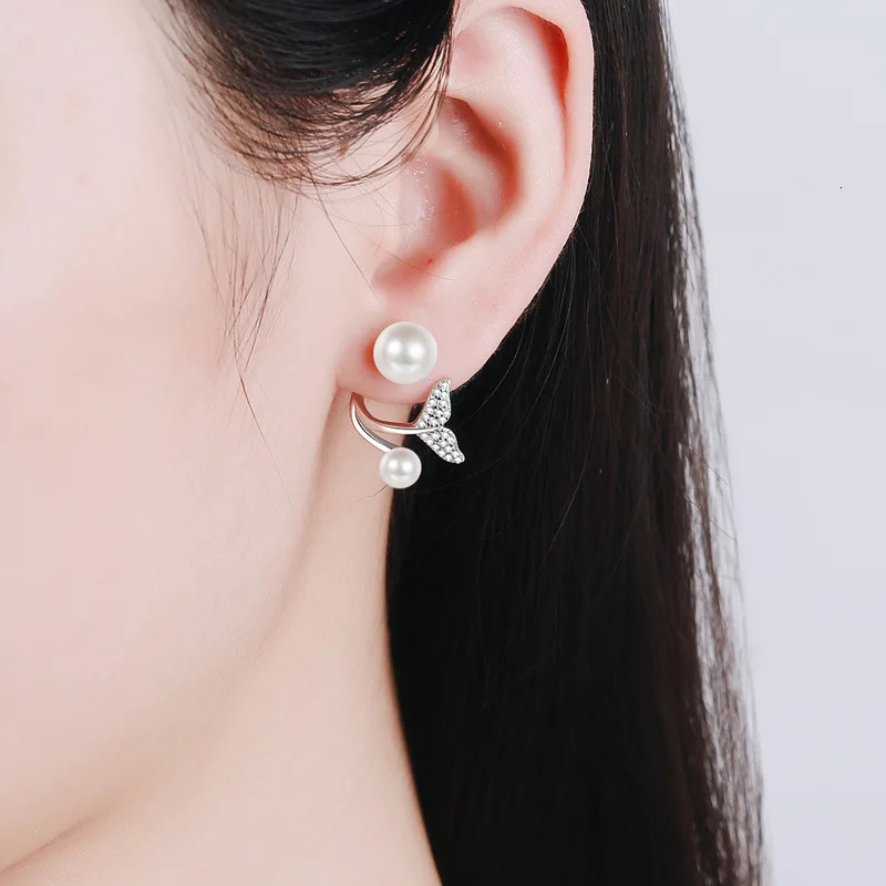 S925 Sterling Silver Women Earrings Mermaid Tail Two Wearing Earrings 8mm Pearl Classic Style 250103