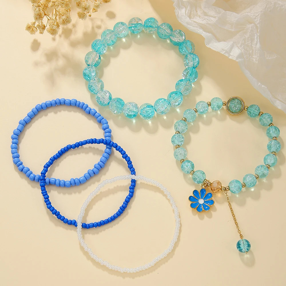 5Pc/s Simple and Sweet Girly Feeling Boudoir Hand Decorated Rice Beads Crystal Small Daisy Fringe Elastic Bracelet Jewelry Set 250102