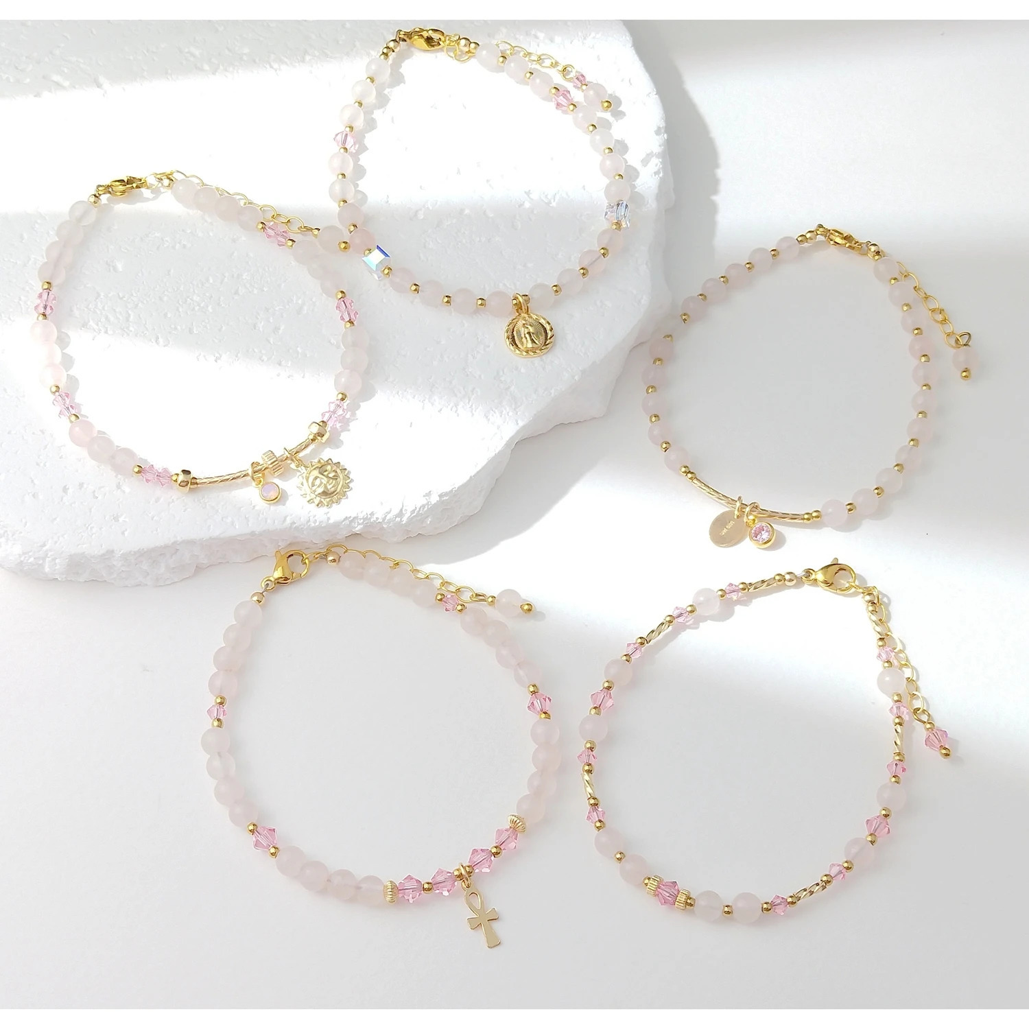 Lili Ji Rose Quartz Natural Stone 2-6mm US 14K Gold Plated Charm Bracelet Handmade Jewelry 250102