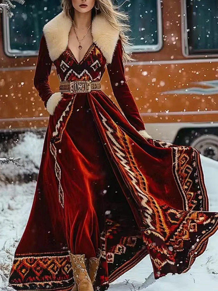 Winter ethnic hair collar gold velvet party dress sexy womens printed feather Bosnia and Herzegovina long skirt retro high waisted vacation dress 2501