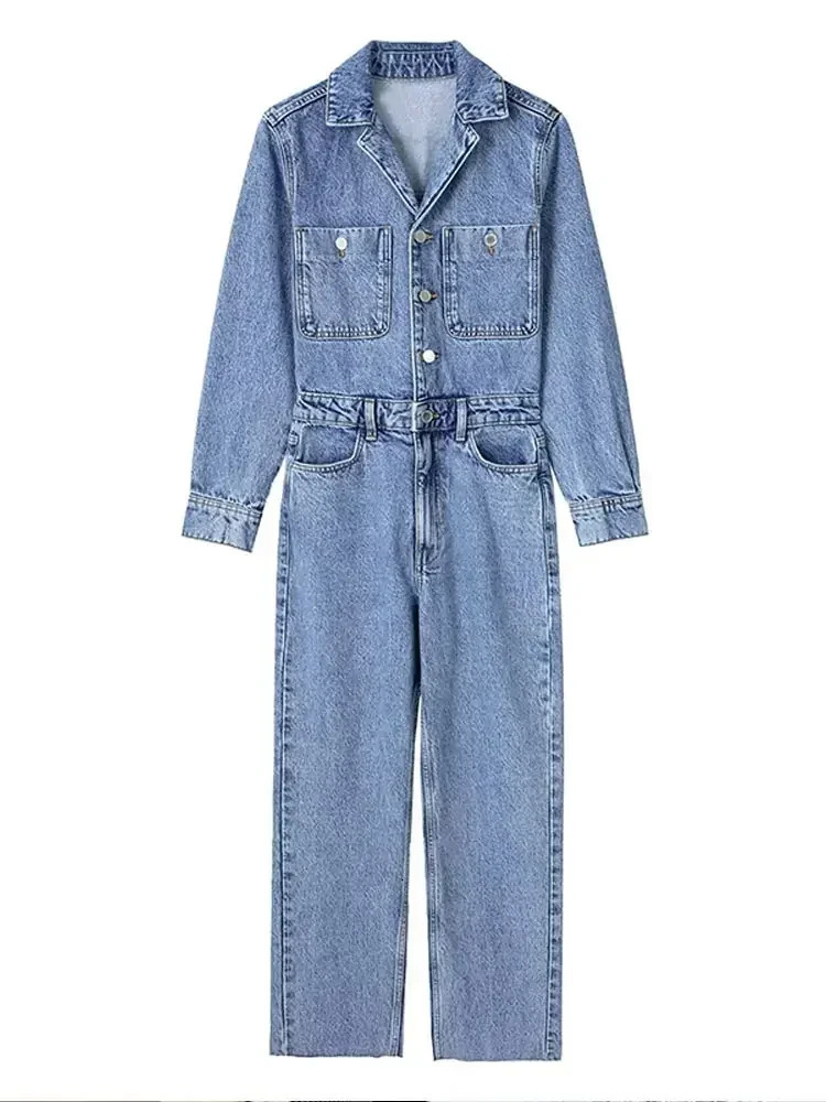 Spring Denim Women Jumpsuit Straight Vintage Patch Pockets Long Sleeve Long Jumpsuits Female Elegant Fashion Chic Outfits 241230