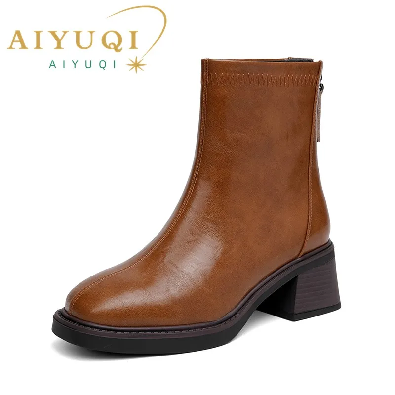 AIYUQI Booties Women Genuine Leather Winter Shoes Boots Ladies Fashion Square Toe Women's Ankle Boots