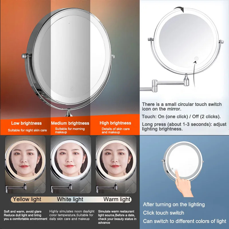 Wall Folding Makeup HD Mirror Double Side Fill Light Magnifying USB Charging Led Tricolor Dimming Bathroom Cosmetic Mirrors 250103