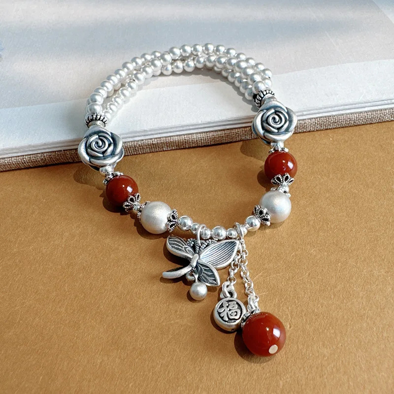 Langyan 925 sterling silver red agate butterfly rose bracelet for women vintage silver bead charm bracelet handmade 250102