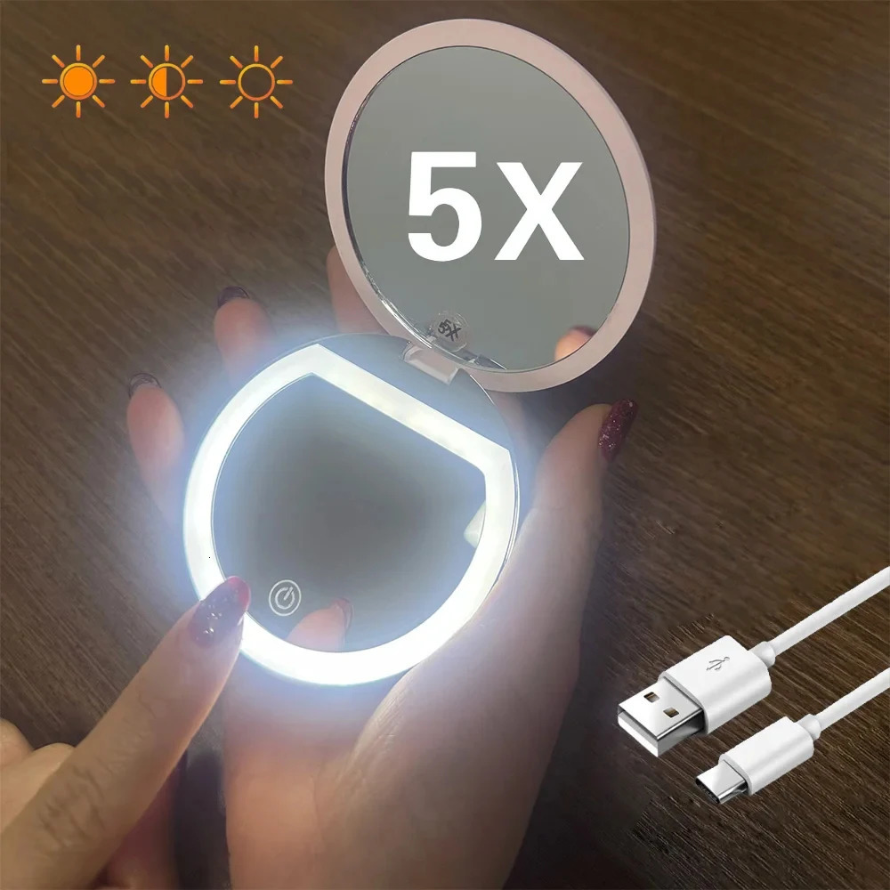 1X/5X Magnifying Travel Folding Compact Pocket Makeup Mirror with Light 3 colors Cosmetic Mirror Portable Rechargeable Touch 250103