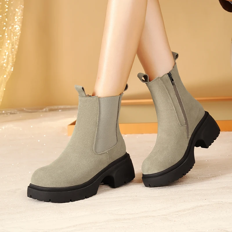 AIYUQI Women's Chelsea Boots Genuine Leather Natural Wool Snow Boots Women's High Heel Women's Ankle Boots