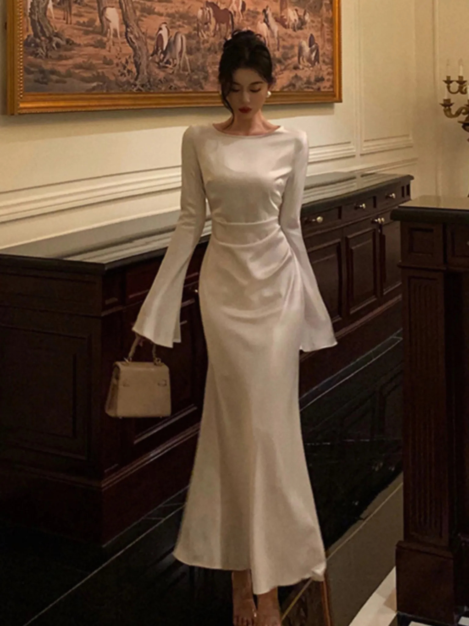 Elegant Flare Sleeve Wedding Mermaid Long Dress Women Spring Autumn French Vintage Slim One Piece Party Robe Mujers Clothes 250103
