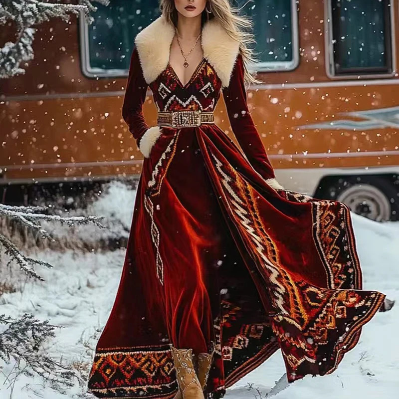 Winter ethnic hair collar gold velvet party dress sexy womens printed feather Bosnia and Herzegovina long skirt retro high waisted vacation dress 2501