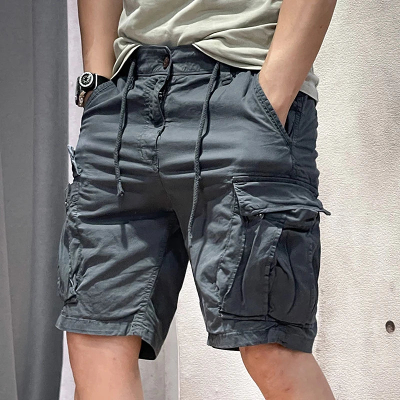 Half Mens Cargo Shorts Solid With Draw String Khaki Male Bermuda Short Pants Summer Korean Style Baggy Elastic Waist Homme Y2k 250103