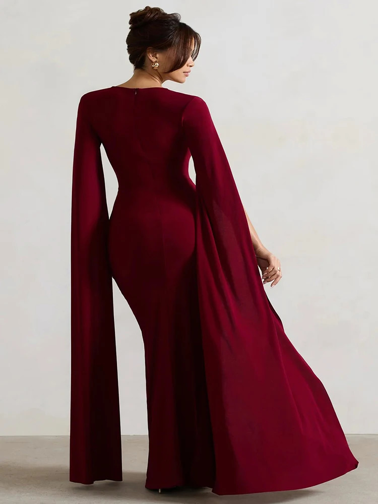 JULISSA MO sexy square neckline high seam womens Maxi dress black long sleeved evening dress autumn ultra-thin elegant party Clubwear 250103