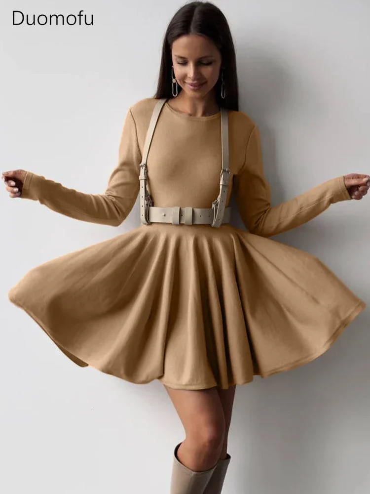 Duomofu Knit Mini Dresses Women Autumn Winter Long Sleeve Sweater Dress Female Elegant Fashion Slim A Line Pleated Dress Vestido 250102