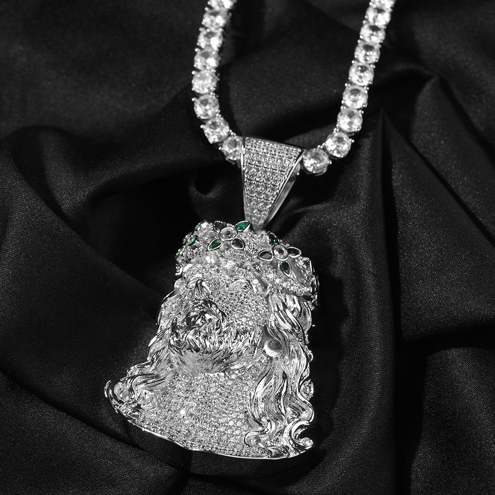 Hip Hop Vintage Green Cross Flower Jesus Pendant Necklace 5A Zircon Religious Jewelry