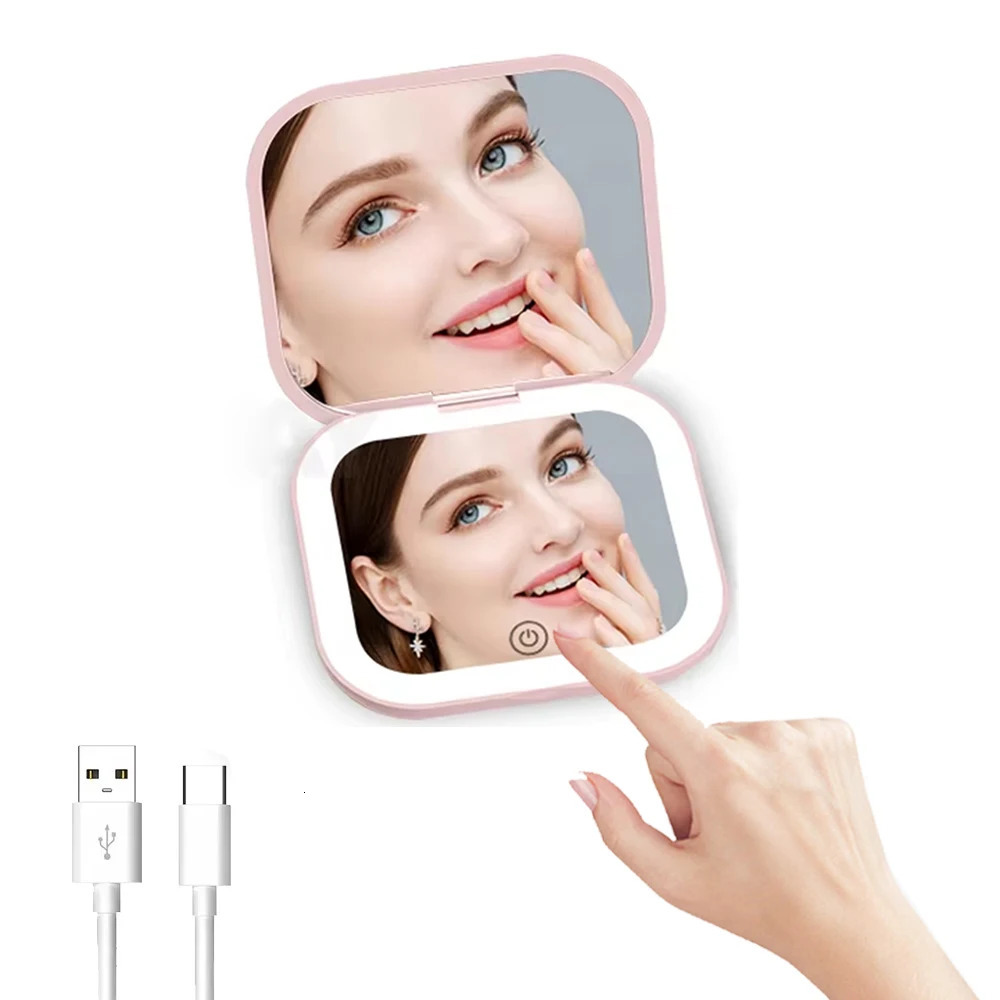 2X magnifying Compact Small Mini Gift Vanity Table Folding Led Lights Portable Hand Held Pocket Makeup Mirror 250103