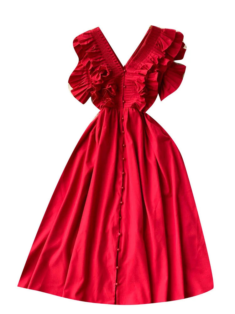 XFPV Women Vintage Pleat Ruffles Mid Length High Waist Dresses V-Neck Sleeveless Temperament Vestidos Spring Summer 2025 SM10095 250103