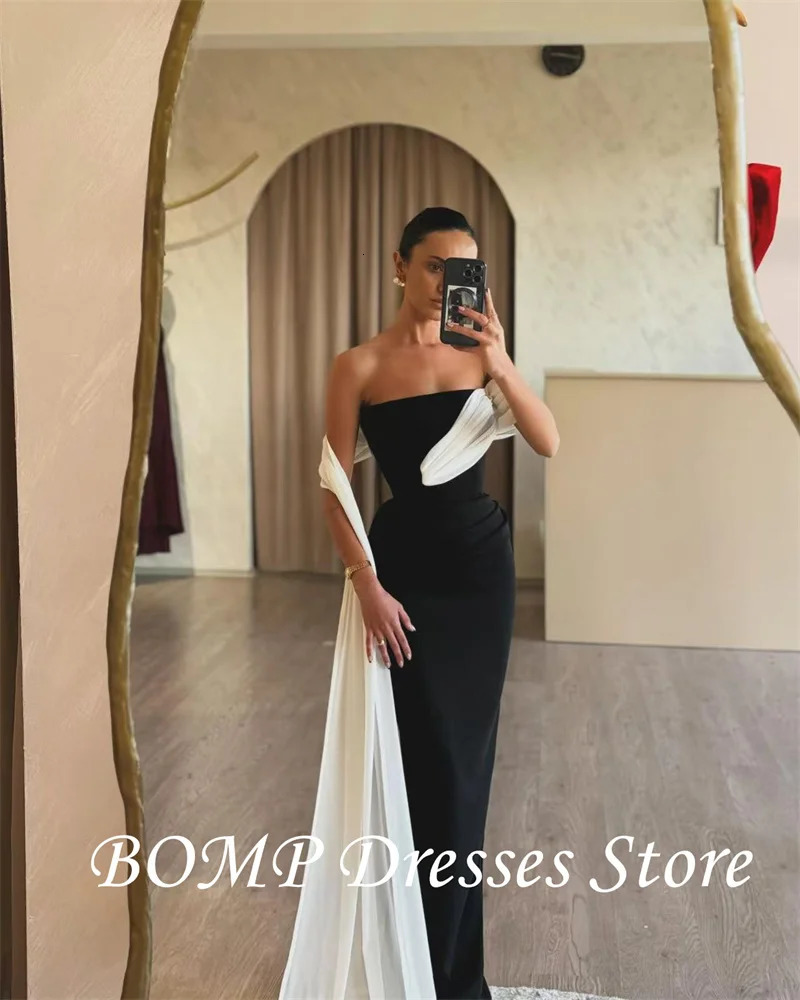BOMP Arab Womens Evening Dress Black and White Matte Satin Modern Formal Party Dress Ball Dress Festival Dress Customization 250103