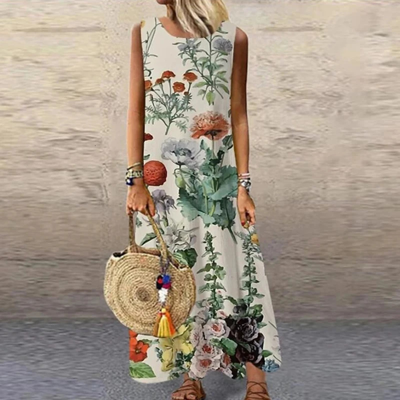 Womens sleeveless printed dress O-neck straight loose fashion elegant commuting long casual spring summer 250103