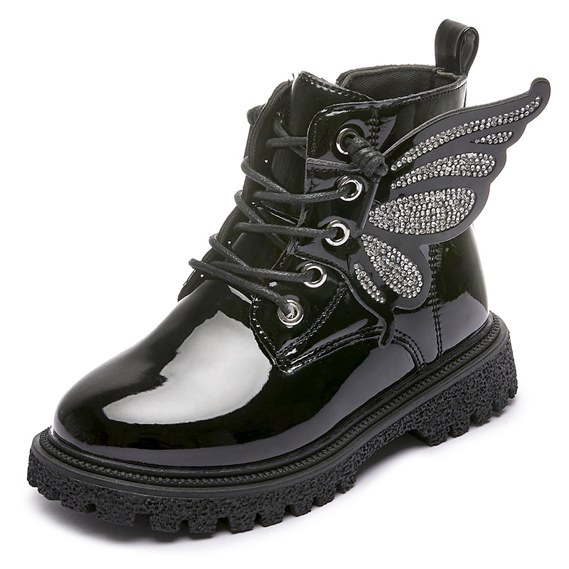 2025 New Children New Fashion Kid Boots Girls Butterfly Solid Color Boots Toddler Lace Up Side Zipper Winter Boots Non-slip PU Leather Shoes Sizes US9