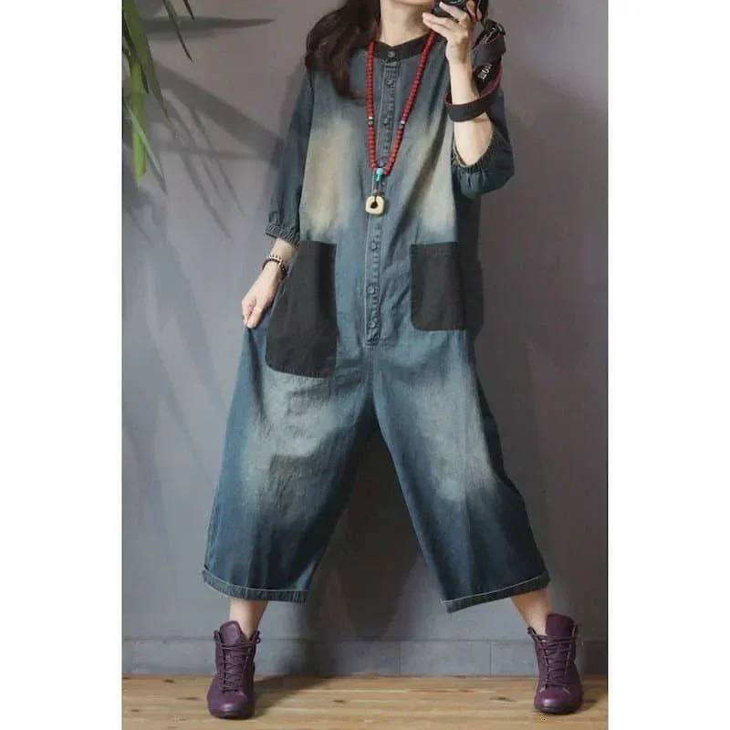 Denim Wide Leg Jumpsuit Women Vintage Large Size Oversize Patch Pocket Jumpsuit Trend LOOSE One Piece Outfit Women Patchwork 241230