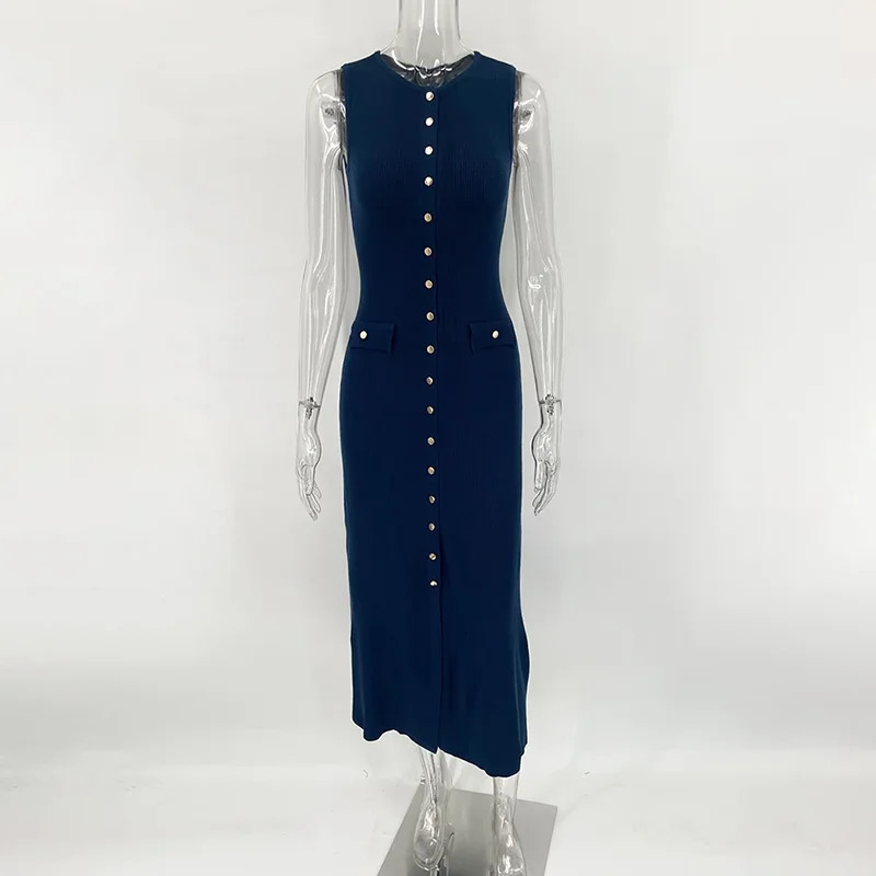 TARUXY Elegant Sleeveless Single-Breasted Ribbed Knitwear Long Dress For Women High Waist Bodycon Knitted Pocket Dress 250102