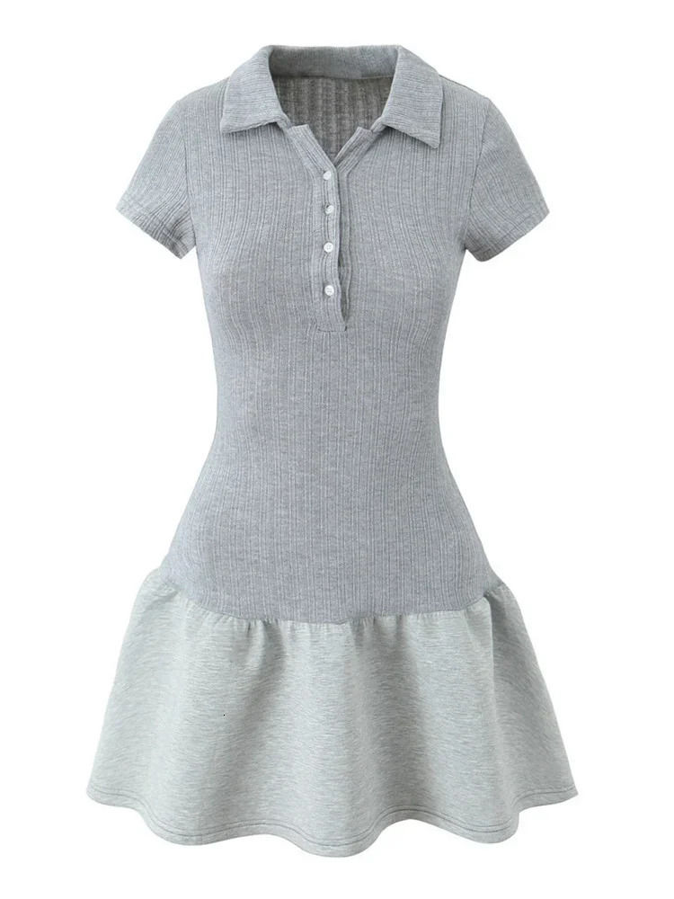 Tossy Ribbed Knit Fashion MIni Dress Womens Short Sleeve Lapel High Waist Patchwork Commute Autumn Dress Female Bodycon Dress 250102