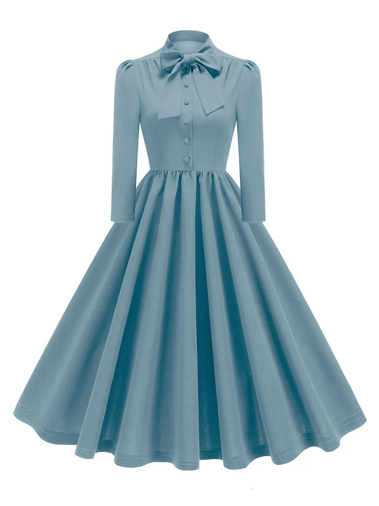 2025 Retro Bow Front Elegant Folded Womens Dress 1950s and 1960s 3/4 Long Sleeve Autumn Clothing Retro Swinging Dress 250103