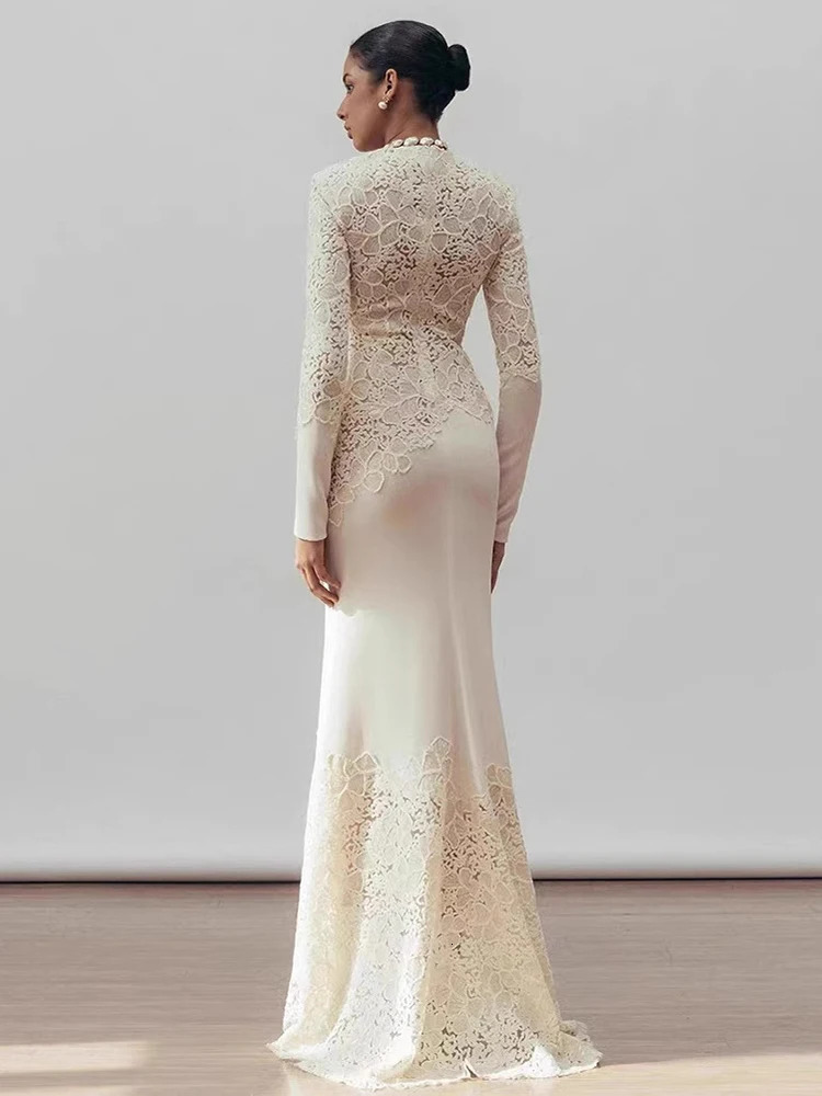 DEAT Elegant Dress Asymmetric Hollow Lace Hook Bracket Collar Fish Tail Womens Evening Dress 2025 Spring 13DL998 250103