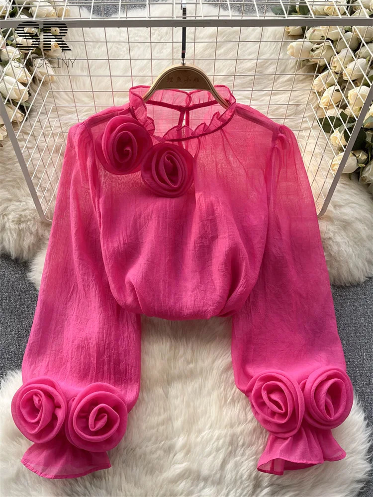 SINGREINY Ruffles Flower Loose Women Shirt Elegant O Neck Long Sleeve Transparent Thin Ladies Mesh Casual Fashion Chic Blouse 241230